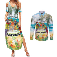 It's 5 o'clock Somewhere Couples Matching Summer Maxi Dress and Long Sleeve Button Shirt Beach Party LT7 Colorful - Polynesian Pride