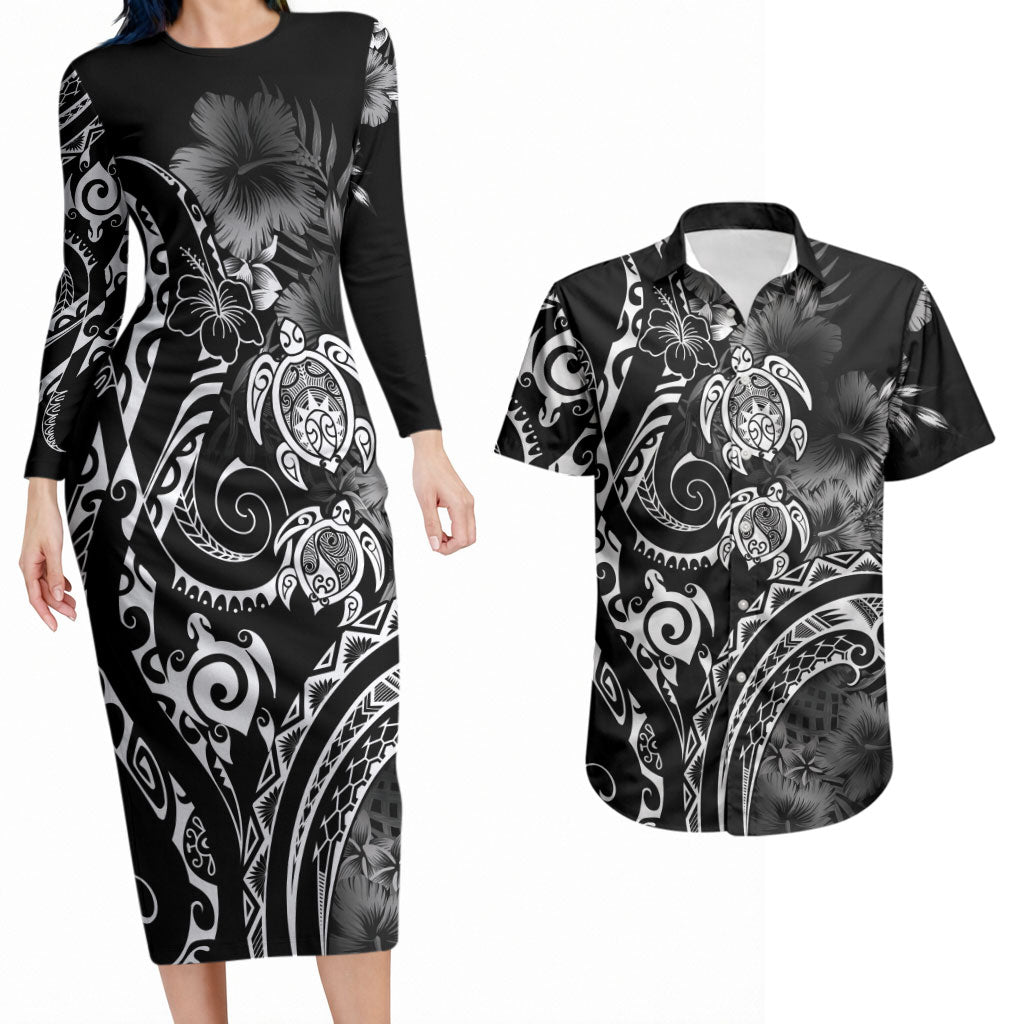 Aloha Hawaii Turtles Floral Couples Matching Long Sleeve Bodycon Dress and Hawaiian Shirt Obsidian Glaze LT7 Black - Polynesian Pride