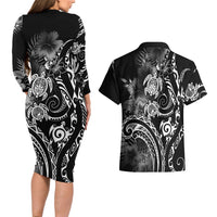 Aloha Hawaii Turtles Floral Couples Matching Long Sleeve Bodycon Dress and Hawaiian Shirt Obsidian Glaze