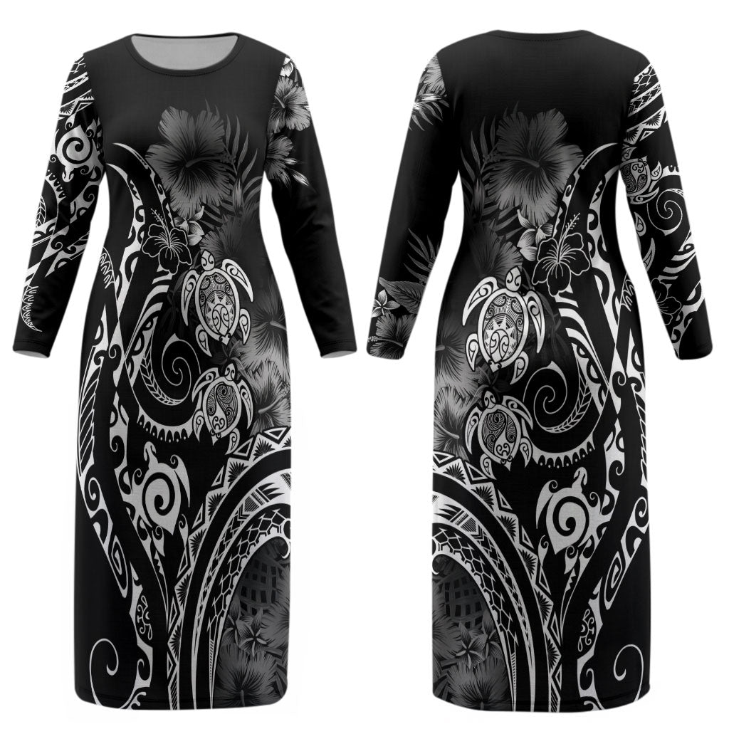 Aloha Hawaii Turtles Floral Couples Matching Long Sleeve Bodycon Dress and Hawaiian Shirt Obsidian Glaze LT7 - Polynesian Pride