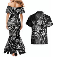 Aloha Hawaii Turtles Floral Couples Matching Mermaid Dress and Hawaiian Shirt Obsidian Glaze