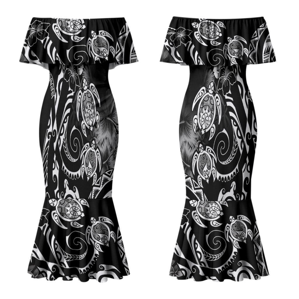 Aloha Hawaii Turtles Floral Couples Matching Mermaid Dress and Hawaiian Shirt Obsidian Glaze LT7 - Polynesian Pride