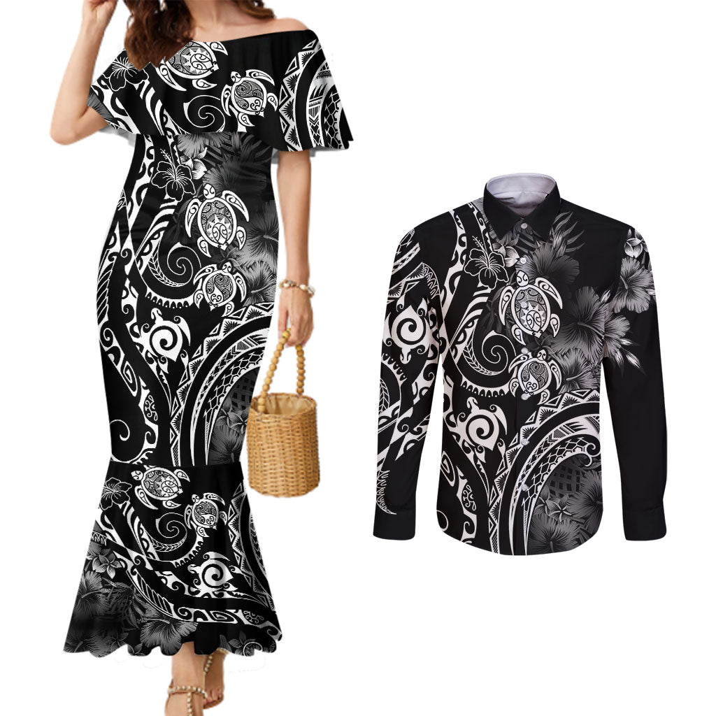 Aloha Hawaii Turtles Floral Couples Matching Mermaid Dress and Long Sleeve Button Shirt Obsidian Glaze LT7 Black - Polynesian Pride