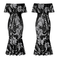 Aloha Hawaii Turtles Floral Couples Matching Mermaid Dress and Long Sleeve Button Shirt Obsidian Glaze LT7 - Polynesian Pride
