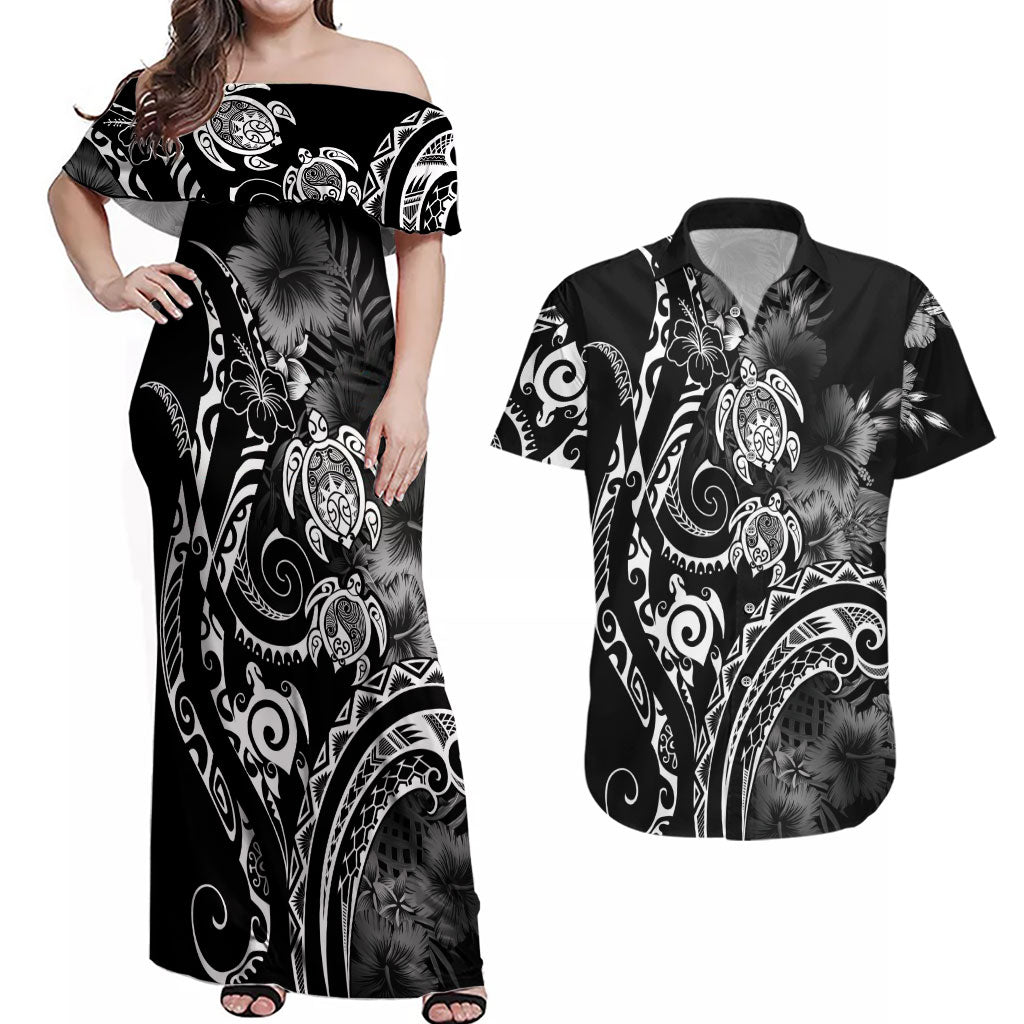 Aloha Hawaii Turtles Floral Couples Matching Off Shoulder Maxi Dress and Hawaiian Shirt Obsidian Glaze