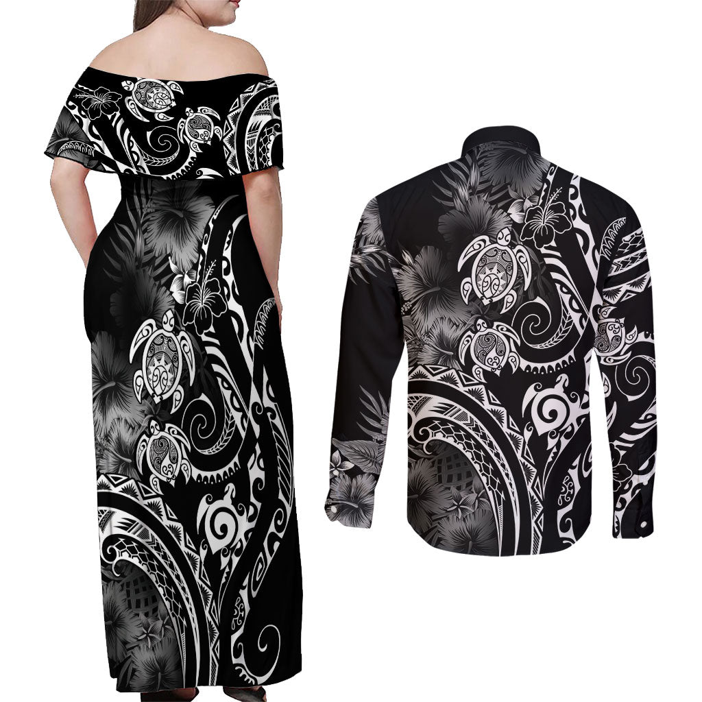 Aloha Hawaii Turtles Floral Couples Matching Off Shoulder Maxi Dress and Long Sleeve Button Shirt Obsidian Glaze
