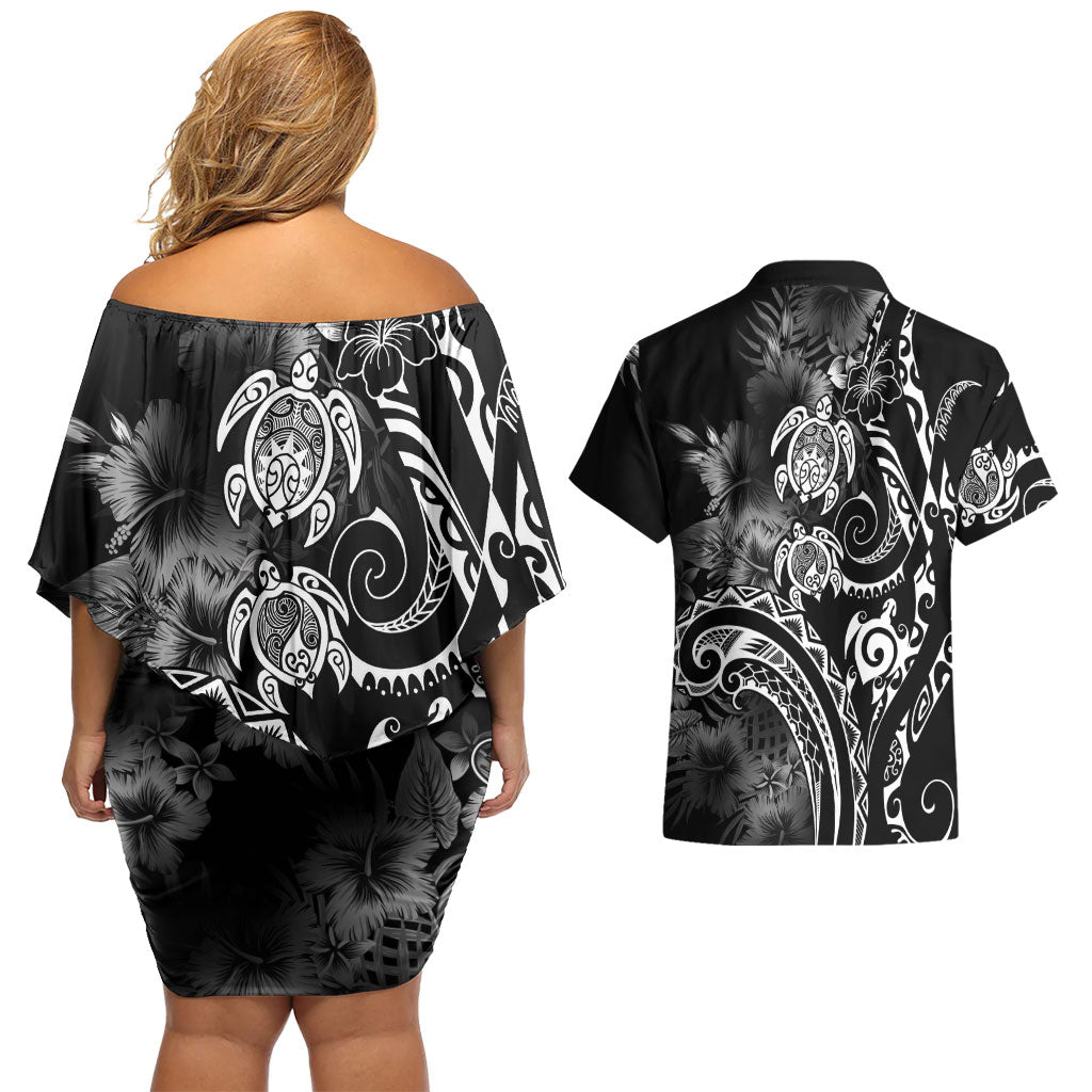 Aloha Hawaii Turtles Floral Couples Matching Off Shoulder Short Dress and Hawaiian Shirt Obsidian Glaze