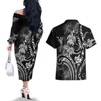 Aloha Hawaii Turtles Floral Couples Matching Off The Shoulder Long Sleeve Dress and Hawaiian Shirt Obsidian Glaze