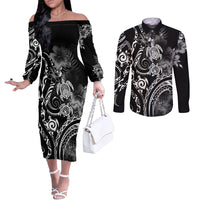 Aloha Hawaii Turtles Floral Couples Matching Off The Shoulder Long Sleeve Dress and Long Sleeve Button Shirt Obsidian Glaze