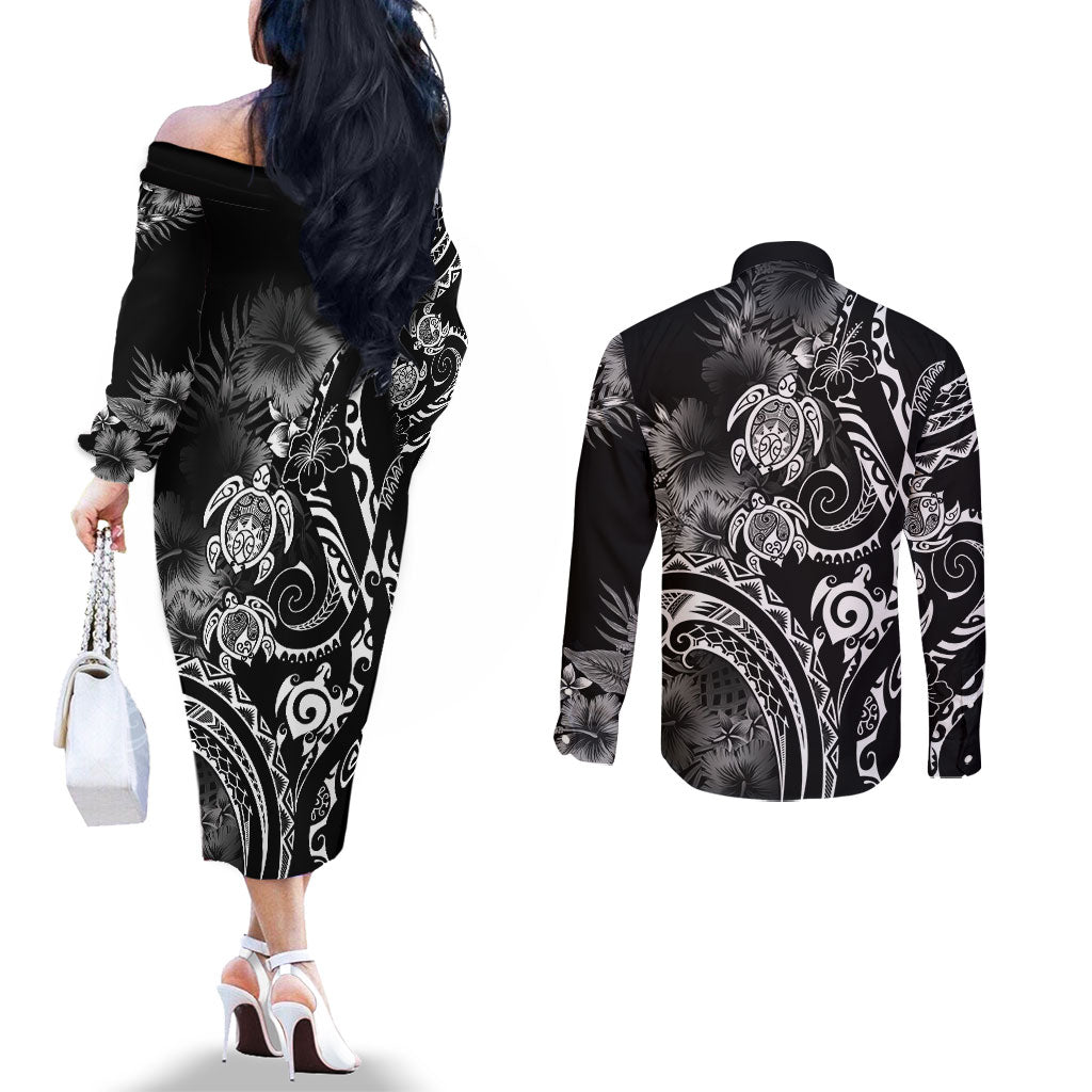Aloha Hawaii Turtles Floral Couples Matching Off The Shoulder Long Sleeve Dress and Long Sleeve Button Shirt Obsidian Glaze