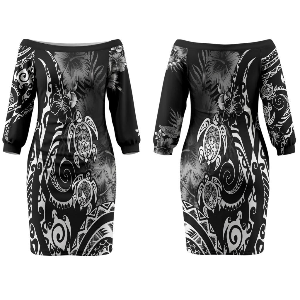 Aloha Hawaii Turtles Floral Couples Matching Off The Shoulder Long Sleeve Dress and Long Sleeve Button Shirt Obsidian Glaze LT7 - Polynesian Pride