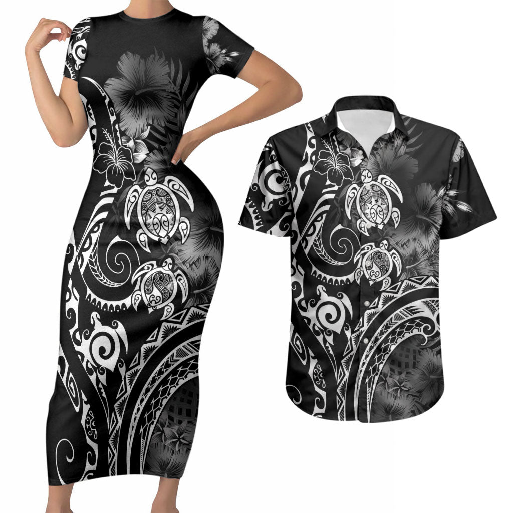 Aloha Hawaii Turtles Floral Couples Matching Short Sleeve Bodycon Dress and Hawaiian Shirt Obsidian Glaze LT7 Black - Polynesian Pride