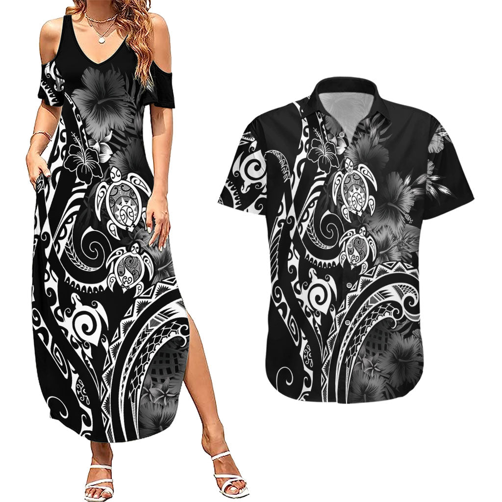 Aloha Hawaii Turtles Floral Couples Matching Summer Maxi Dress and Hawaiian Shirt Obsidian Glaze