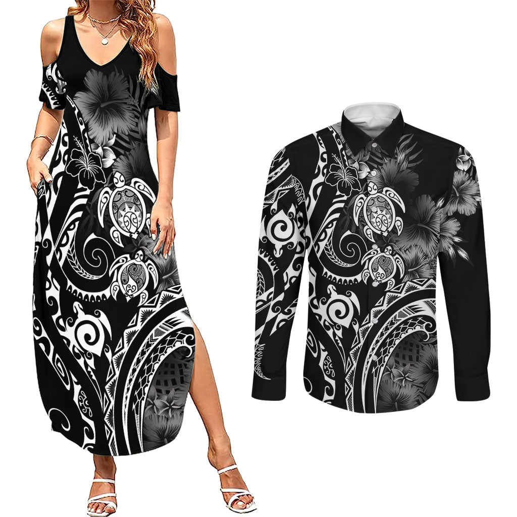 Aloha Hawaii Turtles Floral Couples Matching Summer Maxi Dress and Long Sleeve Button Shirt Obsidian Glaze LT7 Black - Polynesian Pride