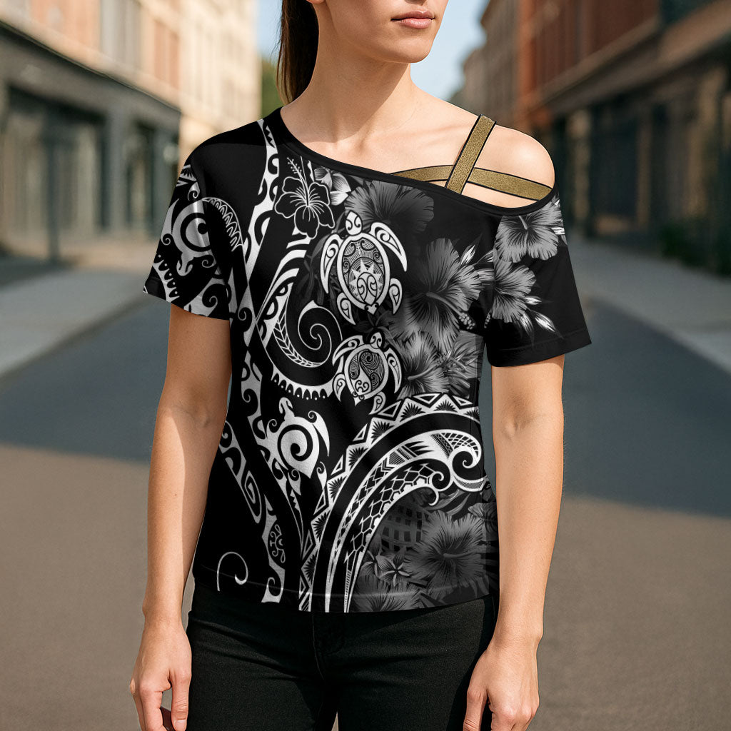 Aloha Hawaii Turtles Floral Cross Shoulder Shirt Obsidian Glaze