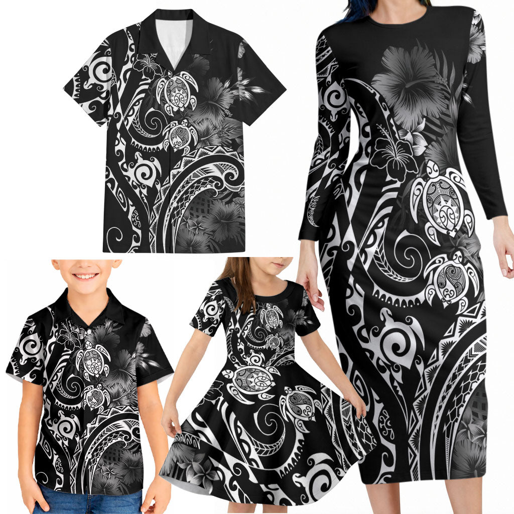Aloha Hawaii Turtles Floral Family Matching Long Sleeve Bodycon Dress and Hawaiian Shirt Obsidian Glaze LT7 - Polynesian Pride
