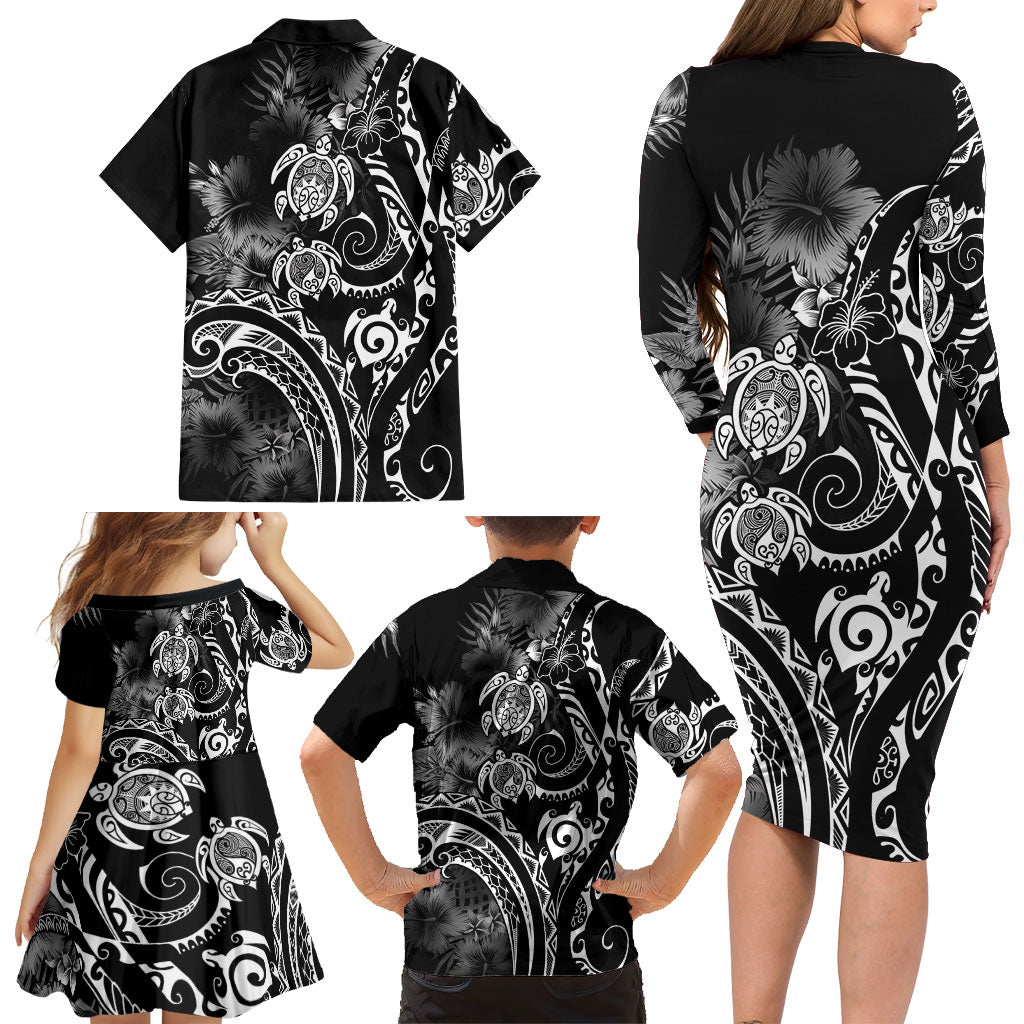 Aloha Hawaii Turtles Floral Family Matching Long Sleeve Bodycon Dress and Hawaiian Shirt Obsidian Glaze