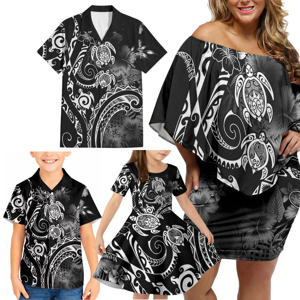 Aloha Hawaii Turtles Floral Family Matching Off Shoulder Short Dress and Hawaiian Shirt Obsidian Glaze LT7 - Polynesian Pride