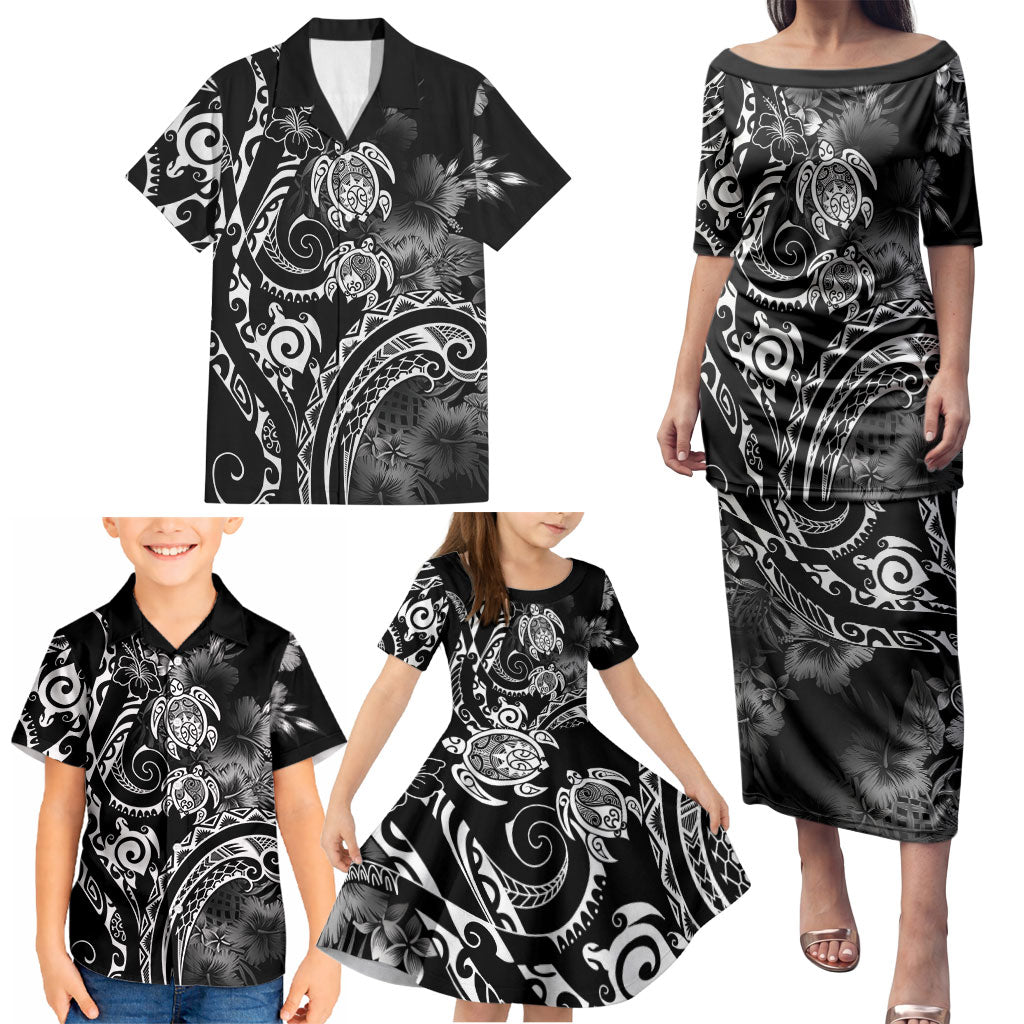 Aloha Hawaii Turtles Floral Family Matching Puletasi and Hawaiian Shirt Obsidian Glaze LT7 - Polynesian Pride