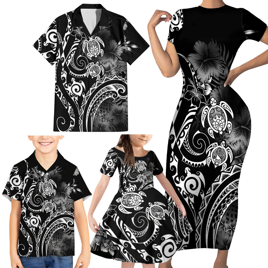 Aloha Hawaii Turtles Floral Family Matching Short Sleeve Bodycon Dress and Hawaiian Shirt Obsidian Glaze