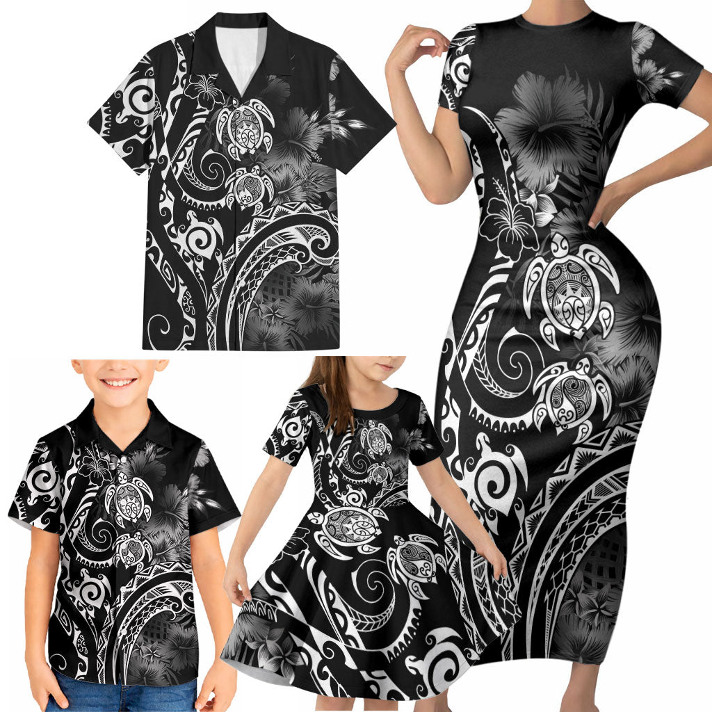 Aloha Hawaii Turtles Floral Family Matching Short Sleeve Bodycon Dress and Hawaiian Shirt Obsidian Glaze LT7 - Polynesian Pride
