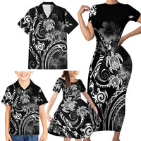 Aloha Hawaii Turtles Floral Family Matching Short Sleeve Bodycon Dress and Hawaiian Shirt Obsidian Glaze