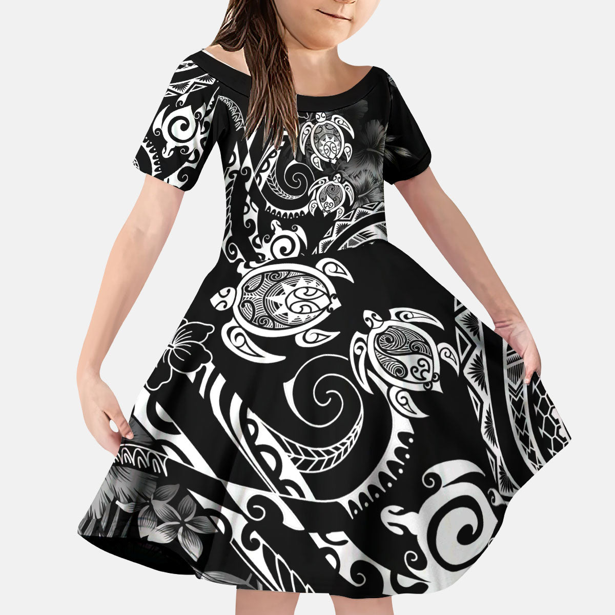 Aloha Hawaii Turtles Floral Kid Short Sleeve Dress Obsidian Glaze