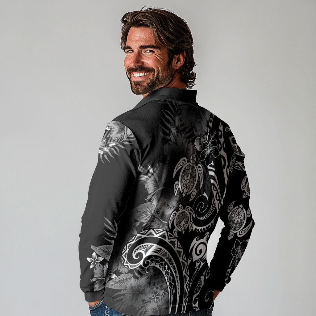 Aloha Hawaii Turtles Floral Long Sleeve Polo Shirt Obsidian Glaze