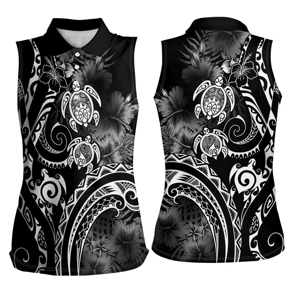 Aloha Hawaii Turtles Floral Women Sleeveless Polo Shirt Obsidian Glaze