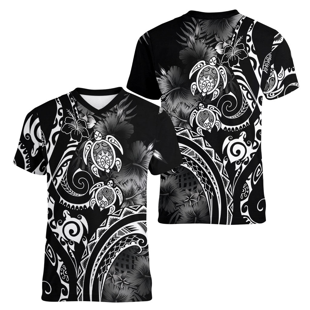Aloha Hawaii Turtles Floral Women V-Neck T-Shirt Obsidian Glaze