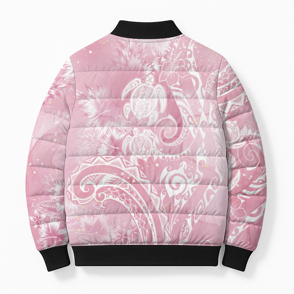 Aloha Hawaii Turtles Floral Bomber Puffer Jacket Pink Marbles Glaze