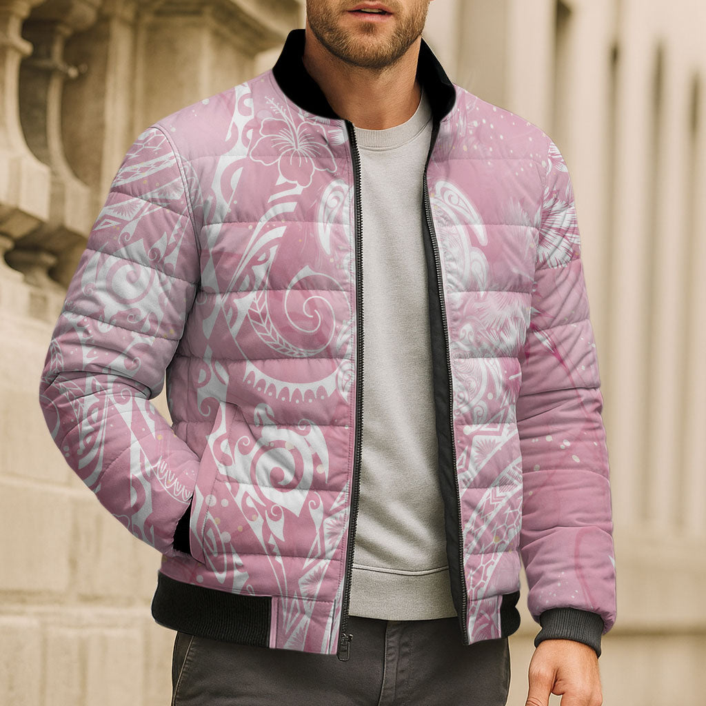 Aloha Hawaii Turtles Floral Bomber Puffer Jacket Pink Marbles Glaze