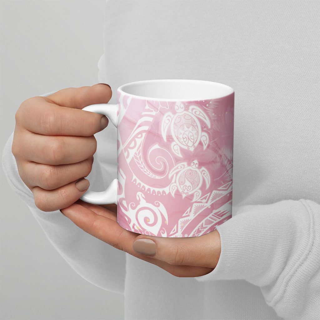 Aloha Hawaii Turtles Floral Ceramic Mug Pink Marbles Glaze