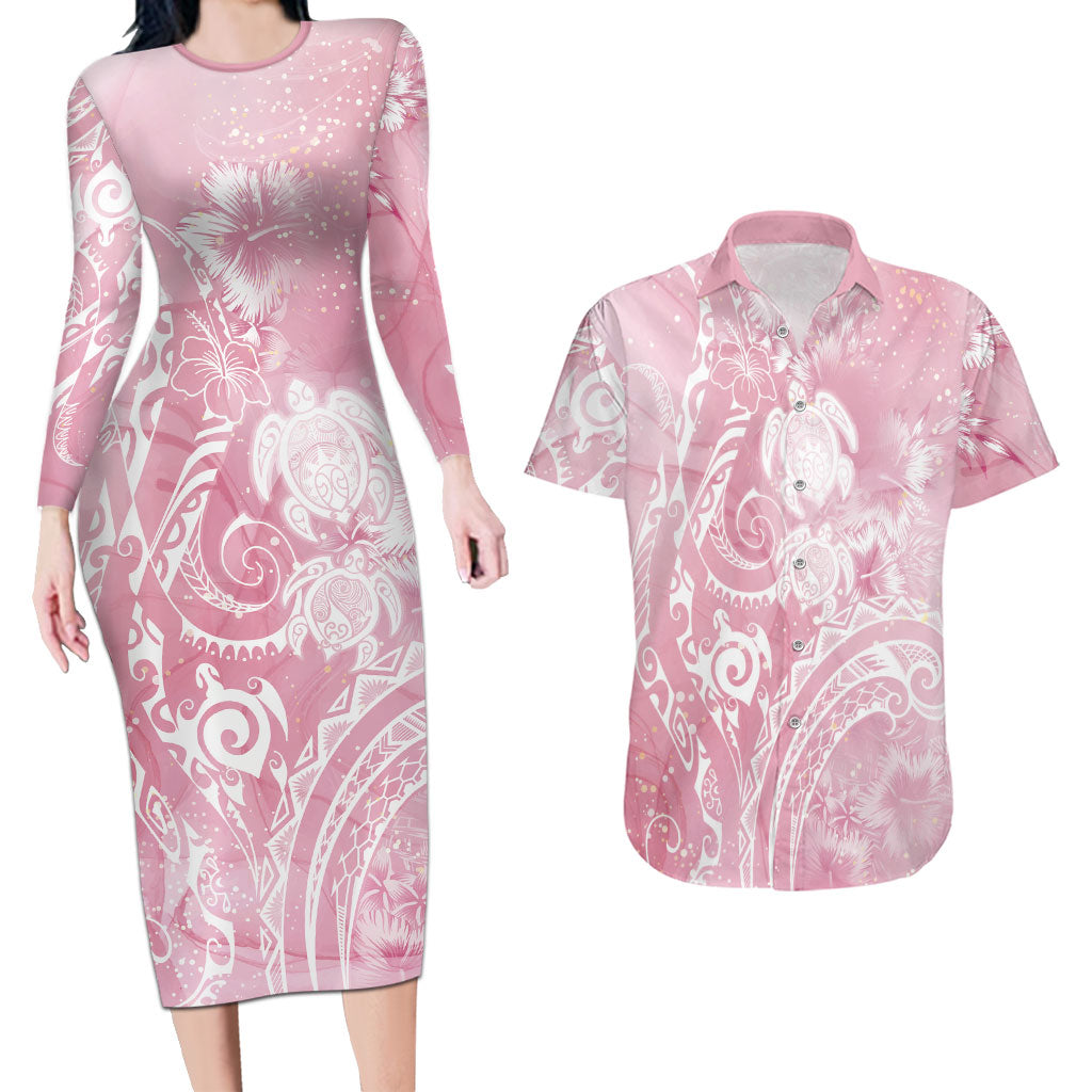 Aloha Hawaii Turtles Floral Couples Matching Long Sleeve Bodycon Dress and Hawaiian Shirt Pink Marbles Glaze
