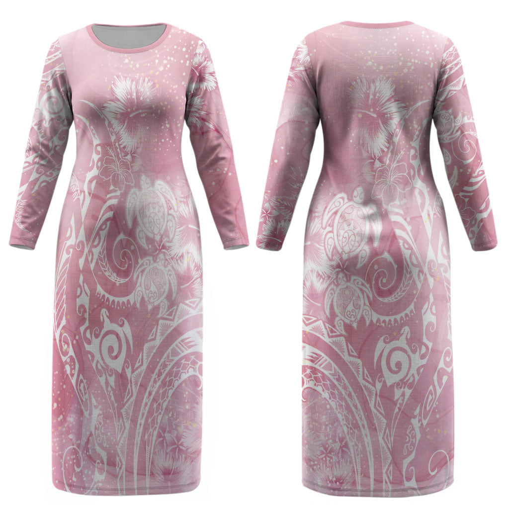 Aloha Hawaii Turtles Floral Couples Matching Long Sleeve Bodycon Dress and Hawaiian Shirt Pink Marbles Glaze LT7 - Polynesian Pride