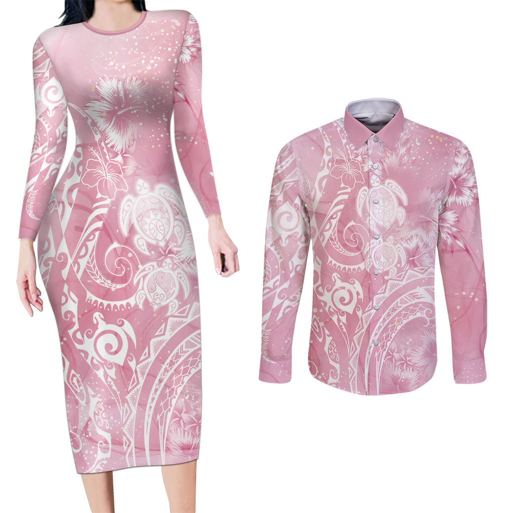Aloha Hawaii Turtles Floral Couples Matching Long Sleeve Bodycon Dress and Long Sleeve Button Shirt Pink Marbles Glaze