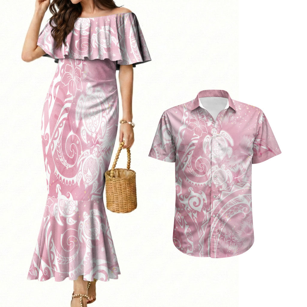 Aloha Hawaii Turtles Floral Couples Matching Mermaid Dress and Hawaiian Shirt Pink Marbles Glaze LT7 Pink - Polynesian Pride
