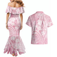 Aloha Hawaii Turtles Floral Couples Matching Mermaid Dress and Hawaiian Shirt Pink Marbles Glaze