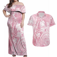Aloha Hawaii Turtles Floral Couples Matching Off Shoulder Maxi Dress and Hawaiian Shirt Pink Marbles Glaze