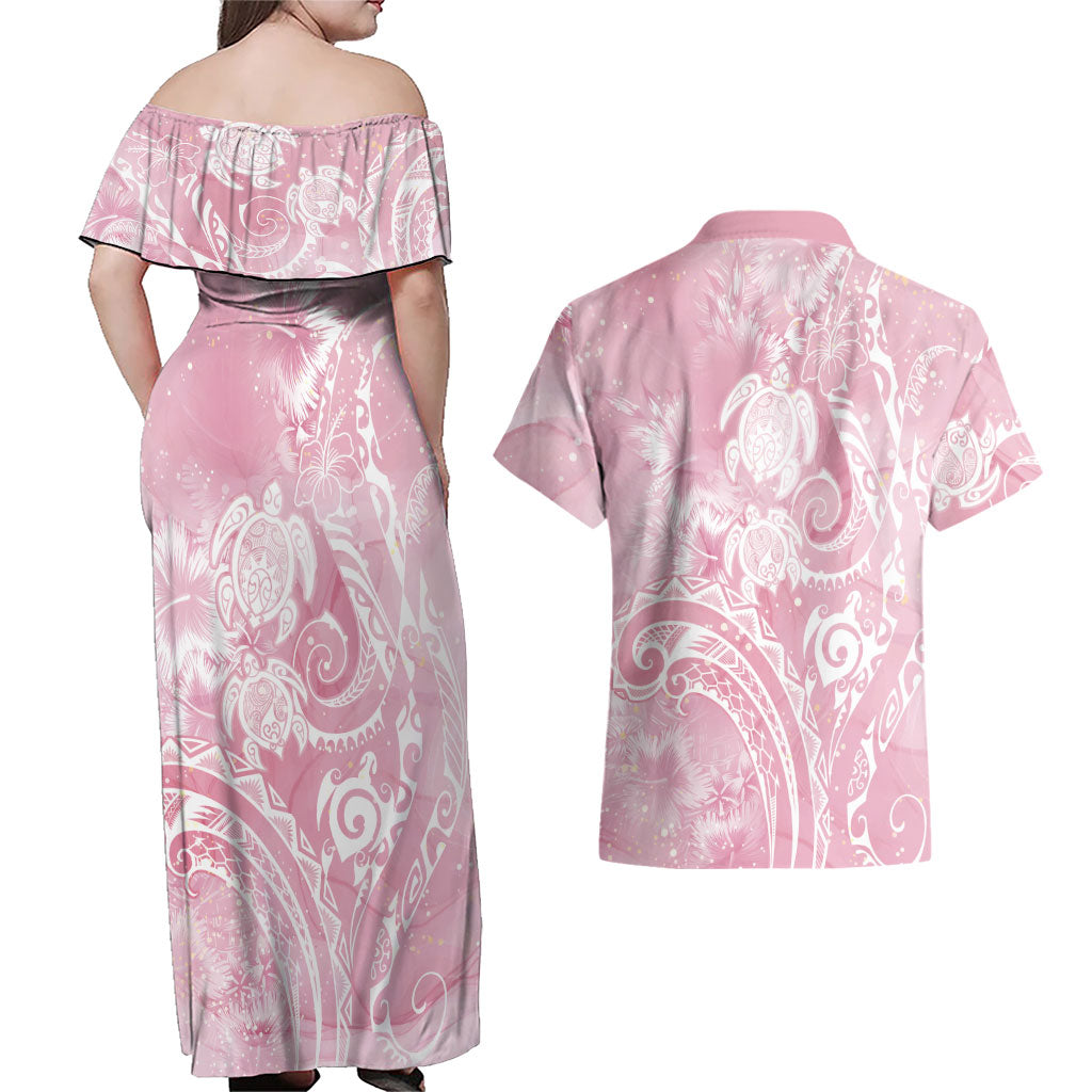 Aloha Hawaii Turtles Floral Couples Matching Off Shoulder Maxi Dress and Hawaiian Shirt Pink Marbles Glaze