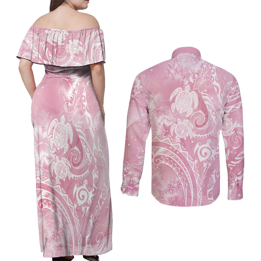 Aloha Hawaii Turtles Floral Couples Matching Off Shoulder Maxi Dress and Long Sleeve Button Shirt Pink Marbles Glaze