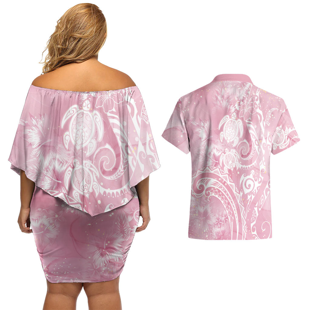 Aloha Hawaii Turtles Floral Couples Matching Off Shoulder Short Dress and Hawaiian Shirt Pink Marbles Glaze