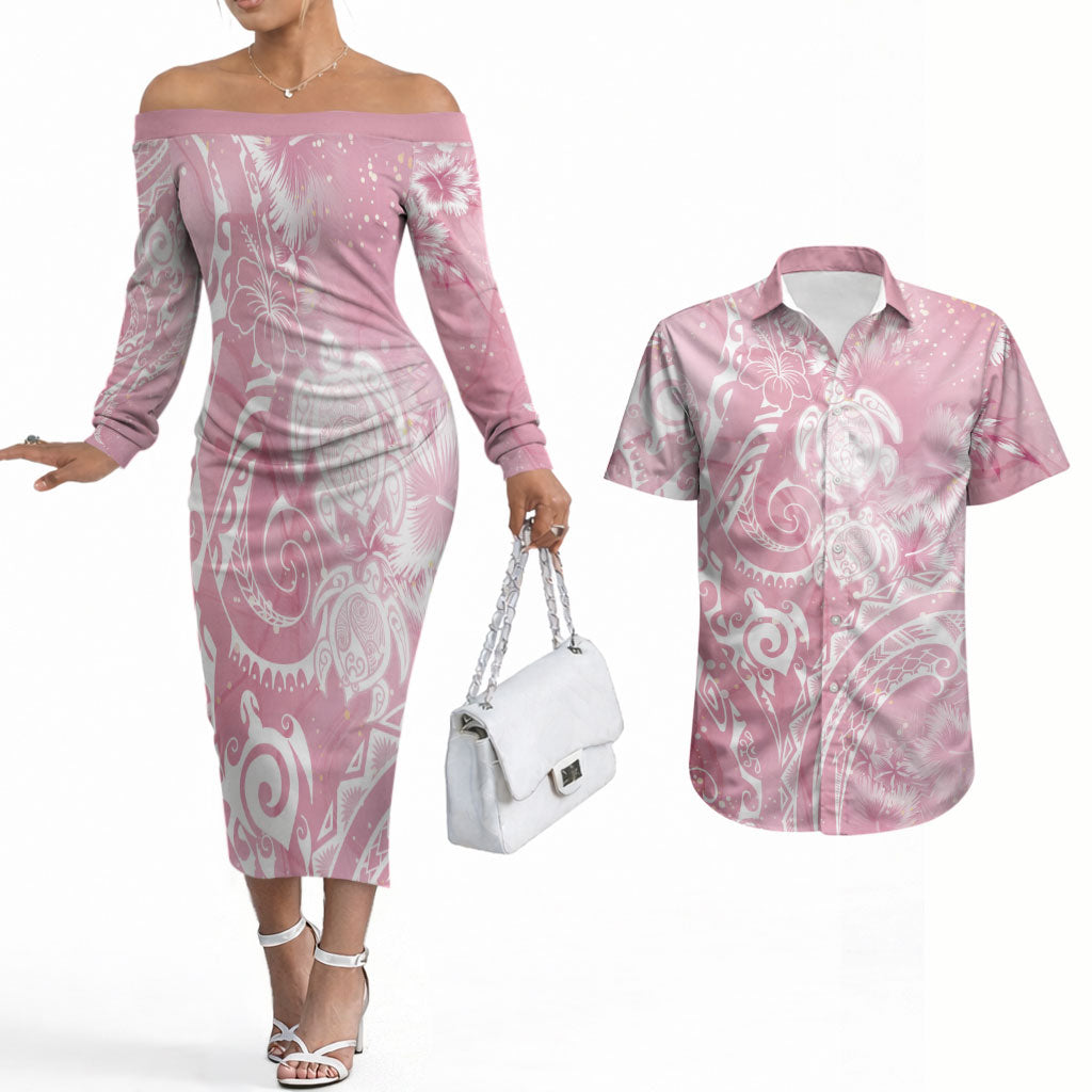Aloha Hawaii Turtles Floral Couples Matching Off The Shoulder Long Sleeve Dress and Hawaiian Shirt Pink Marbles Glaze LT7 Pink - Polynesian Pride