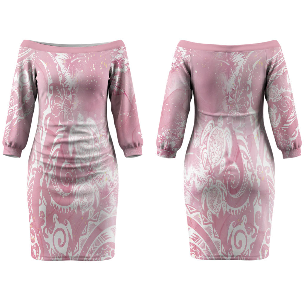 Aloha Hawaii Turtles Floral Couples Matching Off The Shoulder Long Sleeve Dress and Hawaiian Shirt Pink Marbles Glaze LT7 - Polynesian Pride