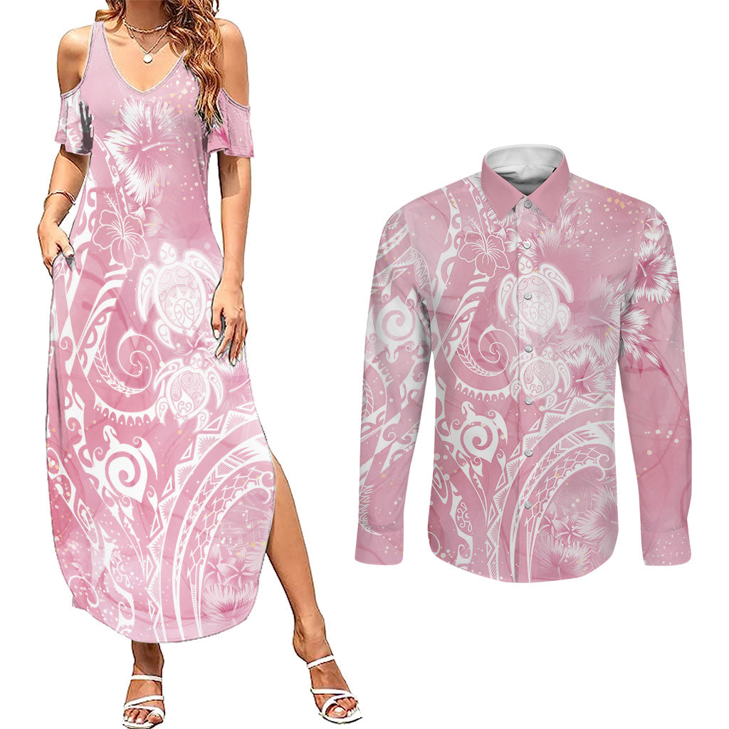 Aloha Hawaii Turtles Floral Couples Matching Summer Maxi Dress and Long Sleeve Button Shirt Pink Marbles Glaze LT7 Pink - Polynesian Pride