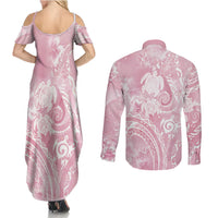 Aloha Hawaii Turtles Floral Couples Matching Summer Maxi Dress and Long Sleeve Button Shirt Pink Marbles Glaze