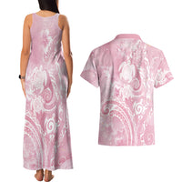 Aloha Hawaii Turtles Floral Couples Matching Tank Maxi Dress and Hawaiian Shirt Pink Marbles Glaze