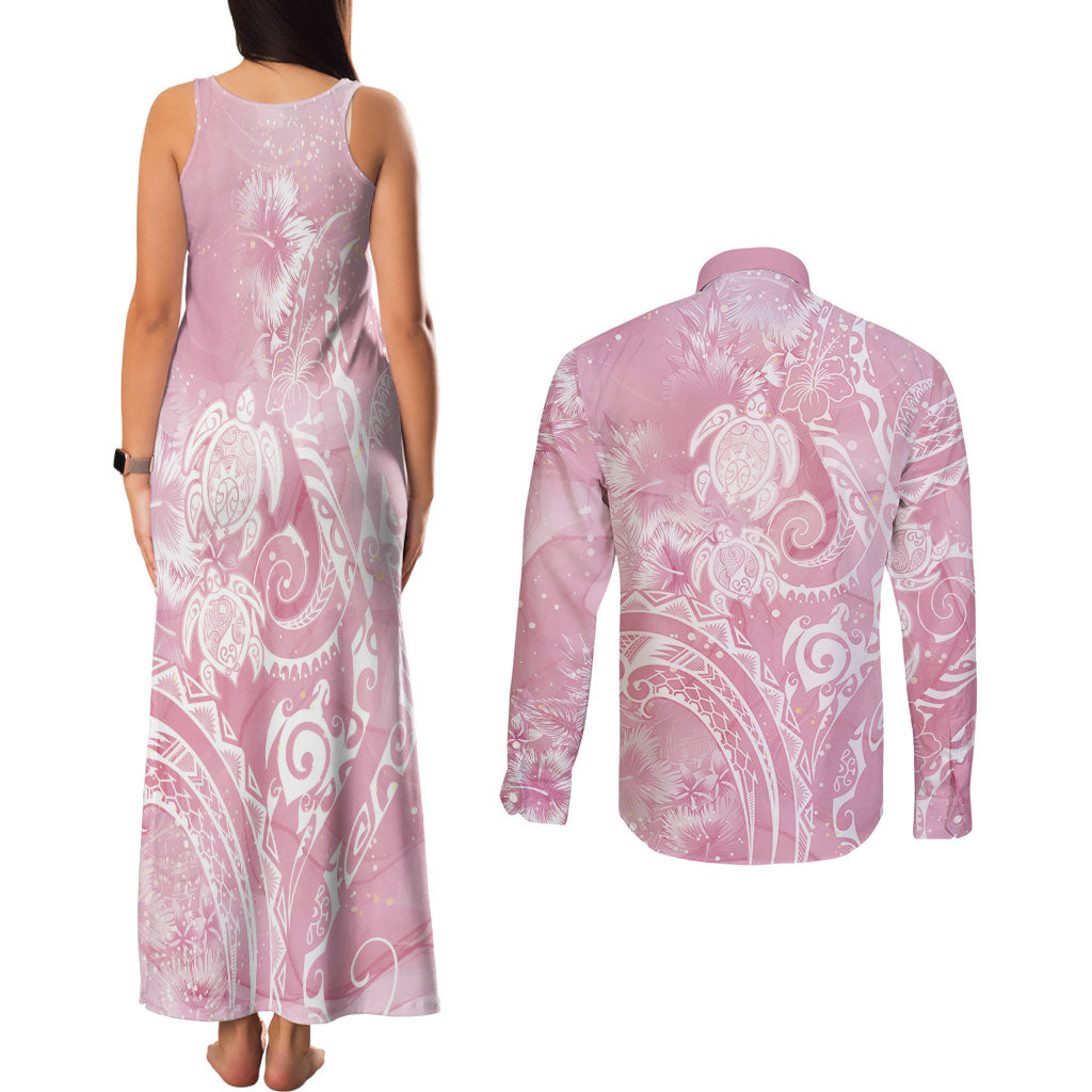 Aloha Hawaii Turtles Floral Couples Matching Tank Maxi Dress and Long Sleeve Button Shirt Pink Marbles Glaze