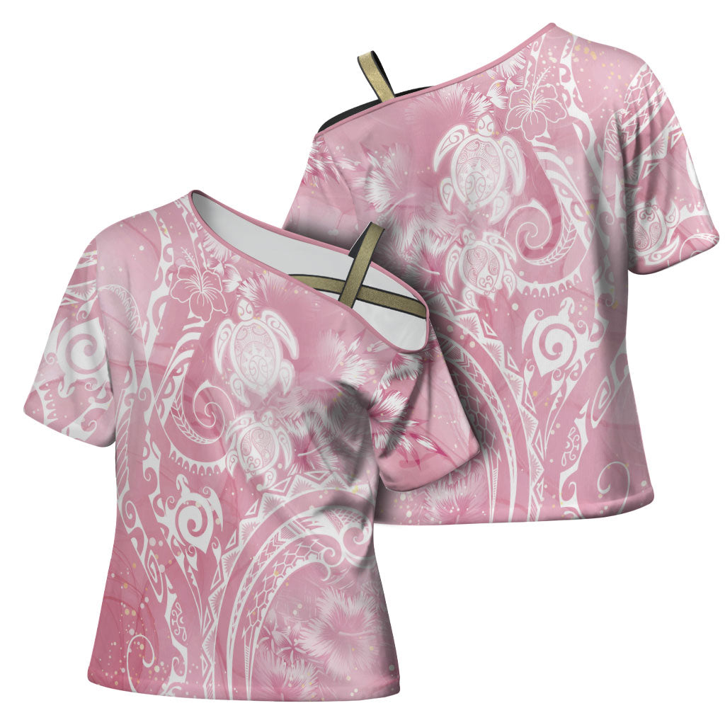 Aloha Hawaii Turtles Floral Cross Shoulder Shirt Pink Marbles Glaze