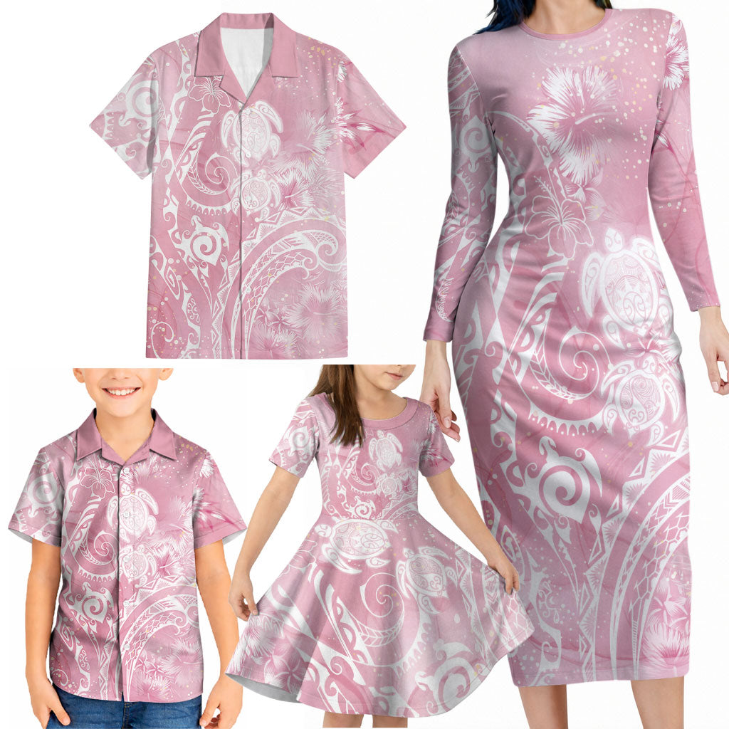 Aloha Hawaii Turtles Floral Family Matching Long Sleeve Bodycon Dress and Hawaiian Shirt Pink Marbles Glaze LT7 - Polynesian Pride